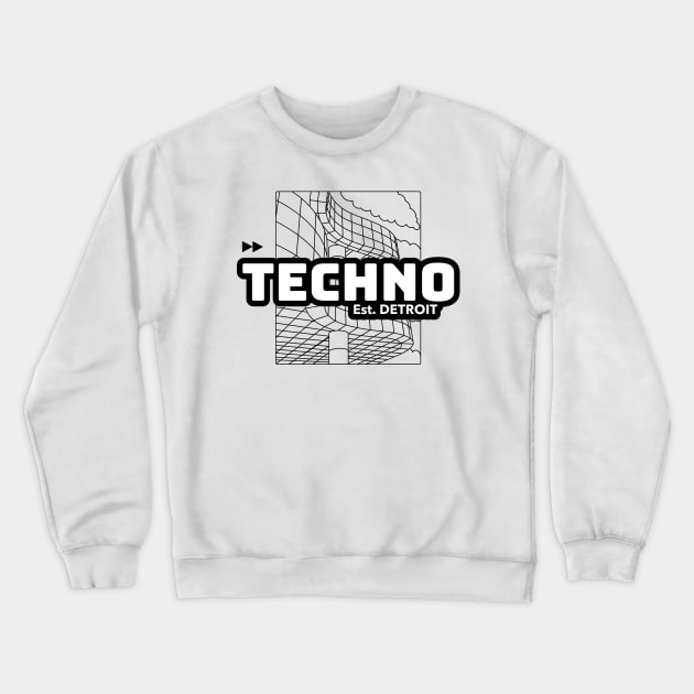 TECHNO  - Est. Detroit (black) Crewneck Sweatshirt by DISCOTHREADZ 